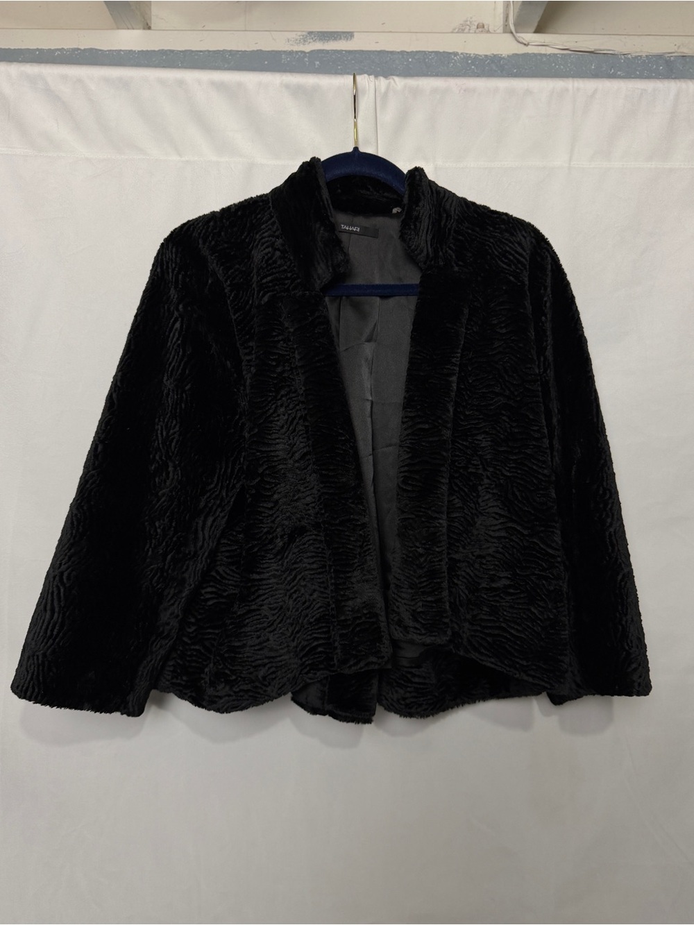 Tahari Black Textured Faux Fur Jacket Open Front Coat Luxury Glam Sz Large